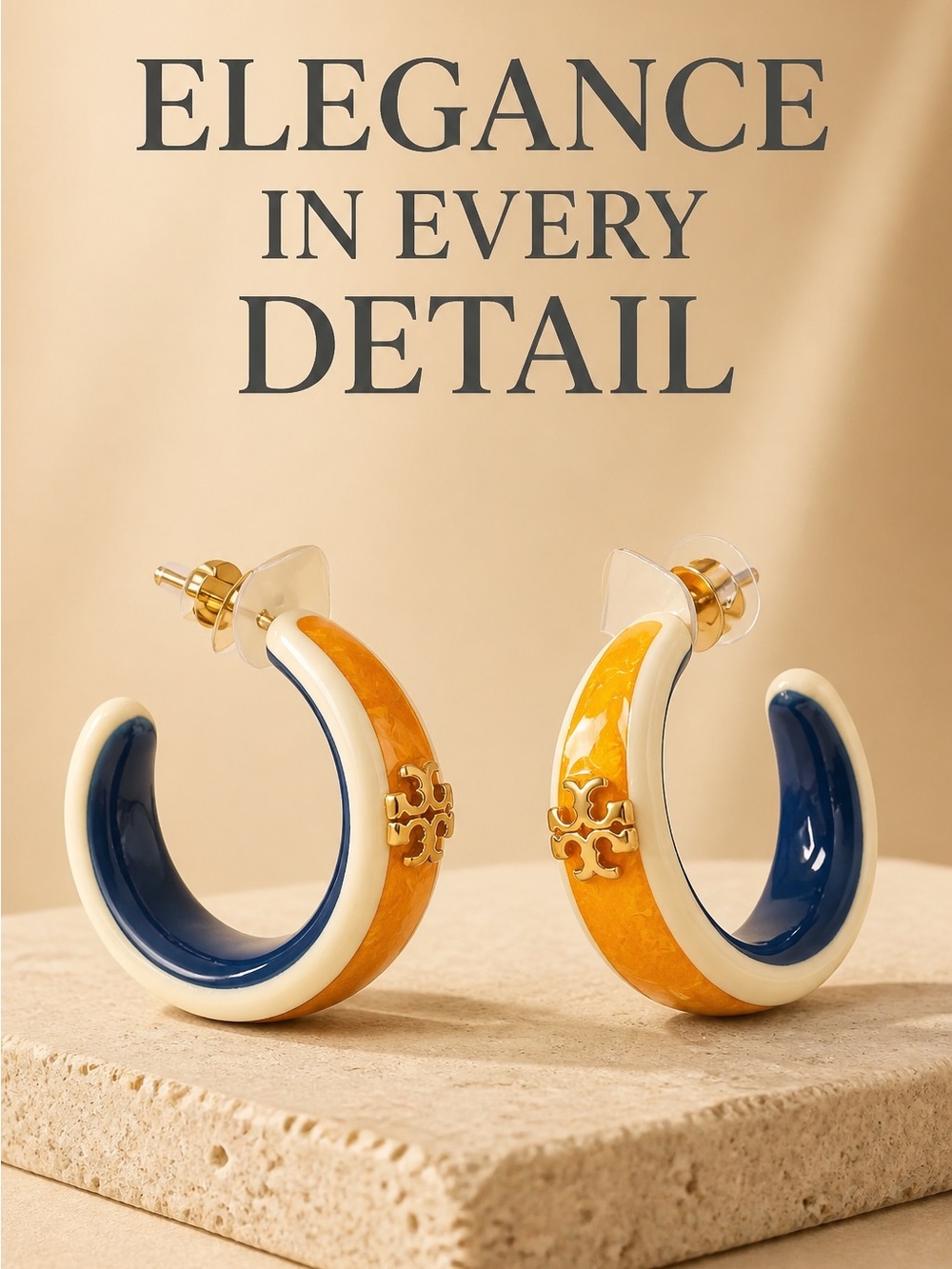 Tory Burch Navy, Yellow & Cream Resin Hoop Earrings with Gold Logo